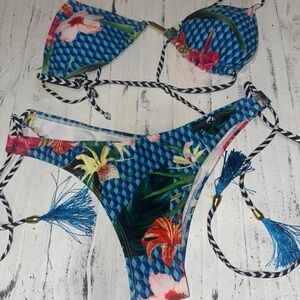 Blue Floral Triangle String Bikini Two-Piece